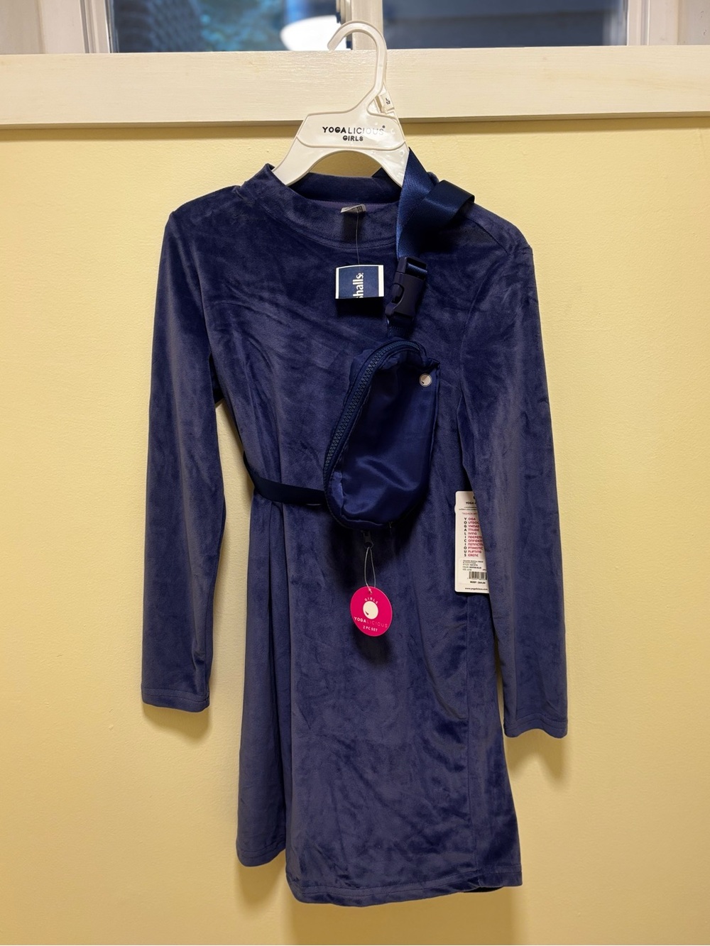 Yogalicious Navy Blue Velvet Girls' Casual Dress with Sling Pouch
